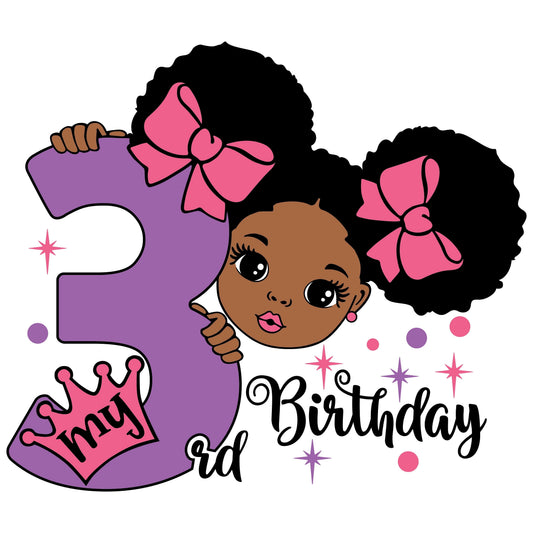 My 3rd Birthday African American Cartoon Girl Peeking around Purple #3 with Crown & Bows Edible Icing Image Cake Topper, by TNCT.