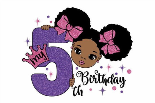 My 5th Birthday African American Cartoon Girl Peeking around Purple #5 with Crown & Bows Edible Icing Image Cake Topper, by TNCT.