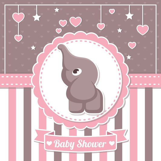 Baby Elephant Pink, White & Mauve Hearts, Stars & Stripes Girl Baby Shower theme Edible Icing Image Cake topper, by TNCT.