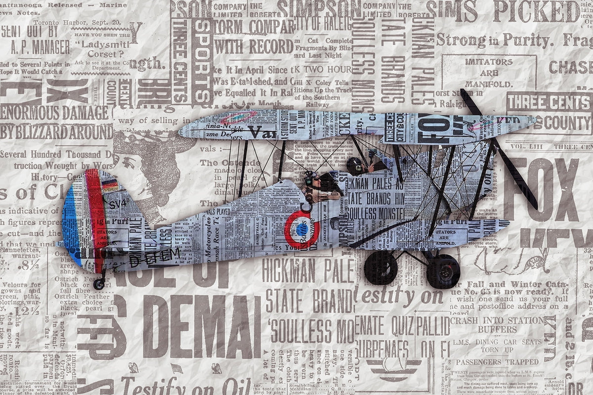 5" Round Pre-Cut Blue Vintage Airplane on Newspaper Background Themed Birthday Photo Edible Image Cake,Cupcake Or Cookie Toppers (2 Per Sheet)