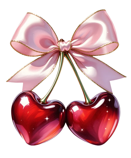 5" Round Pre-Cut Cherry Shaped Hearts With Pink Bow Valentines Romance Love Theme Photo Edible Image Cake,Cupcake Or Cookie Toppers (2 Per Sheet)