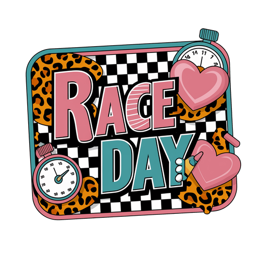 Girly Race Day theme with Pink Heart Stopwatch Leopard Print & Black & White Race Checkers Edible Icing Image Cake Topper, by TNCT.