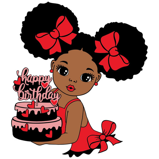 African American Cartoon Girl Holding her Birthday Cake with Red Bows Edible Icing Image Cake Topper, by TNCT.