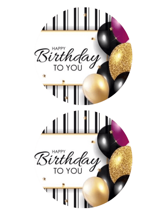 Pink, Black, & Gold Happy Birthday to you Design with Balloons, Stripes & Confetti Edible Icing Image Cake Topper, by TNCT.