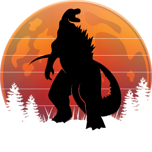 5" Round Pre-Cut Silhouette Of Godzilla In The Sunset Dinosaur Party Theme Photo Edible Image Cake,Cupcake Or Cookie Toppers (2 Per Sheet)