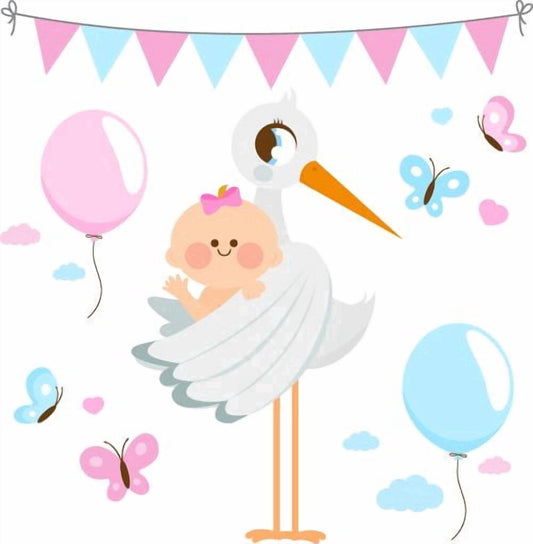 5" Round Pre-Cut Stork Holding Waving Baby Girl Butterflies & Balloons Baby Shower Gender Reveal Themed Photo Edible Image Cupcake & Cookie Toppers (2 Per Sheet)