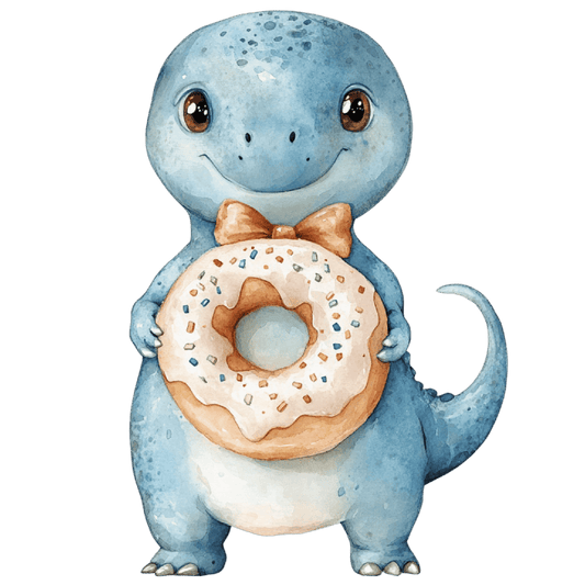 Watercolor Baby Blue Dinosaur with Donut Birthday, Baby Shower theme Edible Icing Image Cake topper, by TNCT.