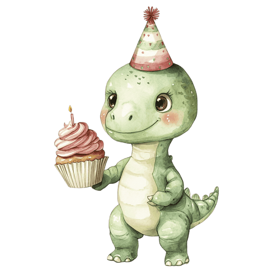 Watercolor Baby Green Dinosaur with Birthday Hat & Cupcake Edible Icing Image Cake Topper, by TNCT.
