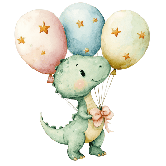 Watercolor Baby Green Dinosaur Holding Balloons Edible Icing Image Cake Topper, by TNCT.