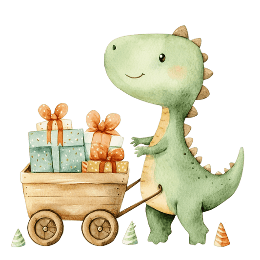 5" Round Pre-Cut Watercolor Baby Green Dinosaur With Wagon Full Of Presents, Baby Shower Theme Photo Edible Image Cake,Cupcake Or Cookie Toppers (2 Per Sheet)