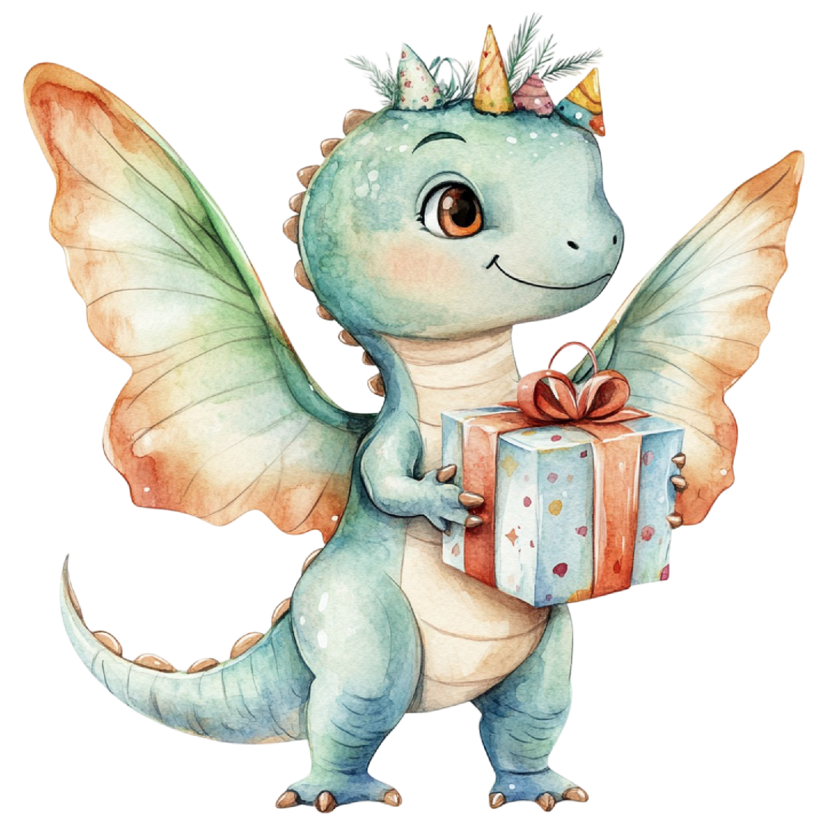 Watercolor Baby Green Dinosaur with Wings Holding Present Edible Icing Image Cake Topper, by TNCT.