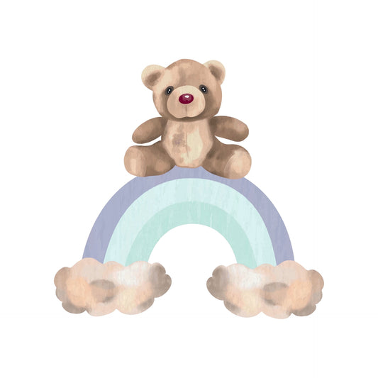Watercolor Baby Teddy Bear Sitting on Rainbow Edible Icing Image Cake topper, by TNCT.