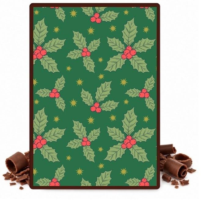 Holly, Red Berries and Gold Stars on Green Edible Chocolate Transfer Sheet for Chocolate Covered Strawberries and Bark, 1 Count