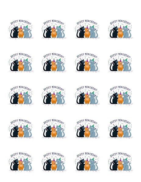 1.875" Round Pre-Cut Happy Birthday Cats Edible Image Cupcake Toppers