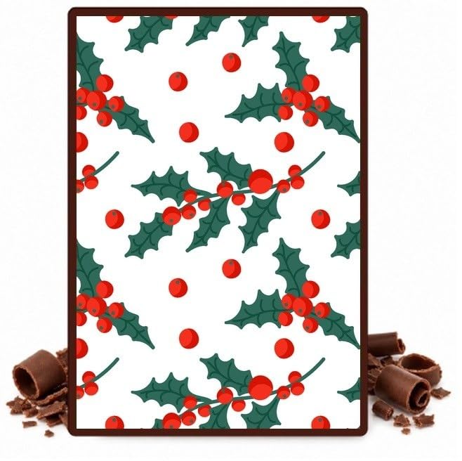 Classic Green Holly and Red Berries Edible Chocolate Transfer Sheet for Chocolate Covered Strawberries and Bark, 1 Count