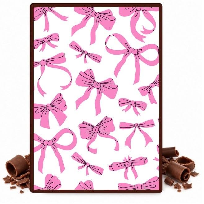 Pink Ribbon Bows on White Edible Chocolate Transfer Sheet for Chocolate Covered Strawberries and Bark, 1 Count