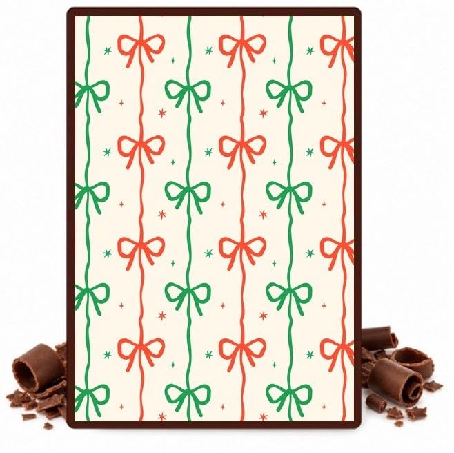 Red and Green Ribbon Bows on Cream Edible Chocolate Transfer Sheet for Chocolate Covered Strawberries and Bark, 1 Count