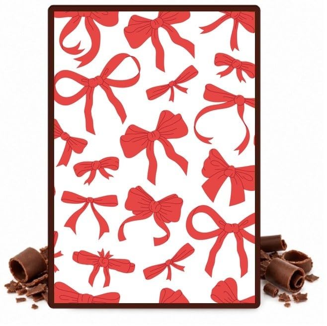 Red Ribbon Bows on White Edible Chocolate Transfer Sheet for Chocolate Covered Strawberries and Bark, 1 Count