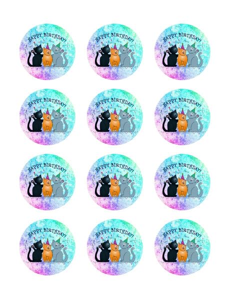 2" Round Pre-Cut Happy Birthday Cats Edible Image Cupcake Toppers