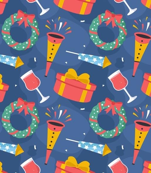 Happy New Year Celebration Fireworks, Confetti & Christmas Wreath Pattern On Edible Image Chocolate Transfer Sheet. Apply To Your Custom Chocolate Treats