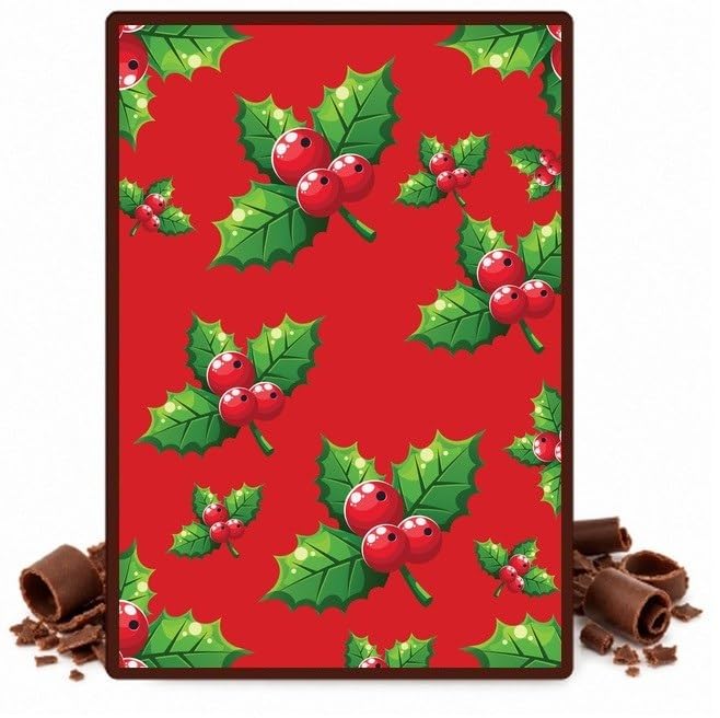 Green Holly and Berries on Red Edible Chocolate Transfer Sheet for Chocolate Covered Strawberries and Bark, 1 Count