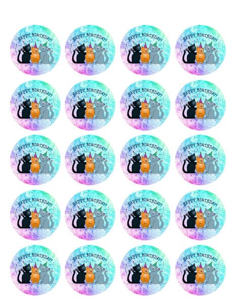 1.875" Pre-Cut Round Happy Birthday Cats Edible Image Cupcake Toppers