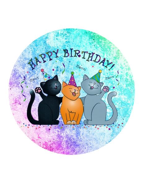 3" Round Pre-Cut Happy Birthday Cats Edible Image Cupcake Toppers