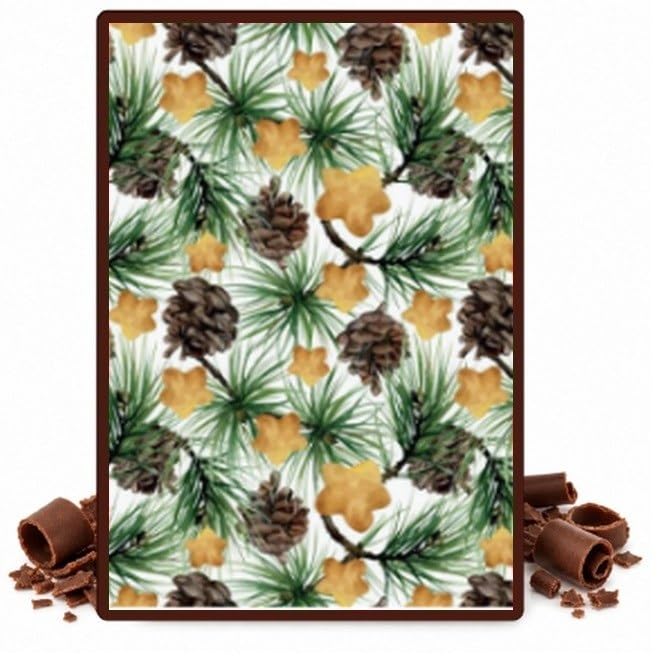 Pine Branches Pinecones and Gold Stars Edible Chocolate Transfer Sheet for Chocolate Covered Strawberries and Bark, 1 Count