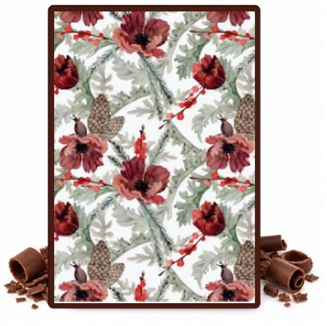 Red Anemone Flowers and Pine Branches Edible Chocolate Transfer Sheet for Chocolate Covered Strawberries and Bark, 1 Count