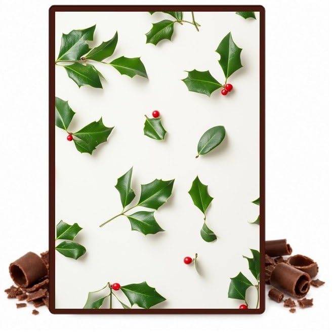 Scattered Holly and Mistletoe on White Edible Chocolate Transfer Sheet for Chocolate Covered Strawberries and Bark, 1 Count