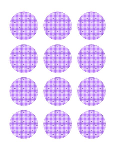 2" Round Pre-Cut Purple & White Hearts With Plaid Pattern Edible Image Photo Cupcake & Cookie Toppers