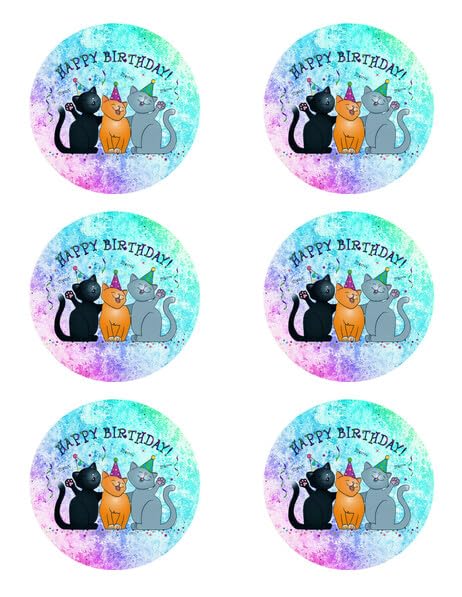 3" Round Pre-Cut Happy Birthday Cats Edible Image Cupcake Toppers