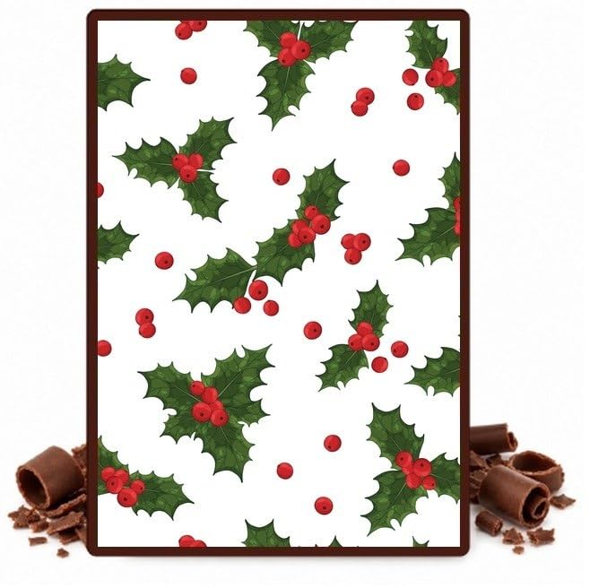 Green Holly and Red Berries on White Edible Chocolate Transfer Sheet for Chocolate Covered Strawberries and Bark, 1 Count