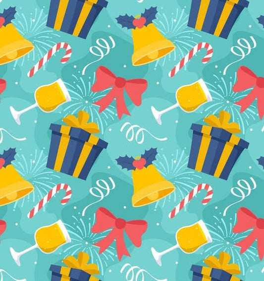 New Year Celebration Bells, Presents, Glasses & Confetti Pattern Edible Image Photo Cake Topper For Quarter Sheet Cake