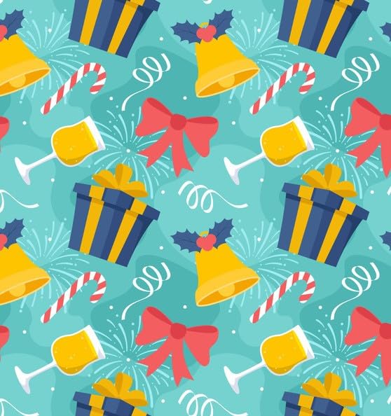 New Year Celebration Bells, Presents, Glasses & Confetti Pattern On Edible Image Chocolate Transfer Sheet. Apply To Your Custom Chocolate Treats