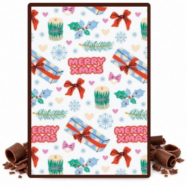 Christmas Wrapped Presents, Bows and Candles Edible Cocoa Butter Transfer Sheet for Chocolate Treats, 1 Count