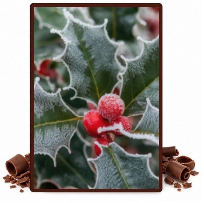 Frosted Holly Leaves and Red Berries Edible Cocoa Butter Transfer Sheet for Chocolate Treats, 1 Count