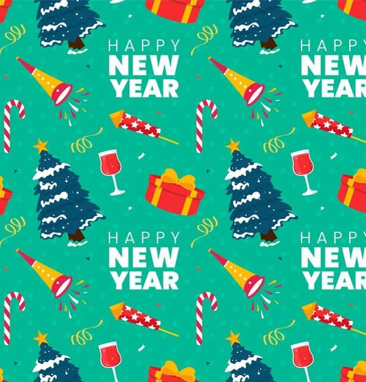 Happy New Year Hats, Fireworks, Presents, Christmas Tree Pattern Edible Image Photo Cake Topper For Half Sheet Cake