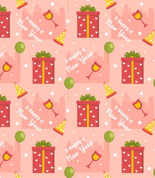 Peachy Happy New Year Celebration Presents, Hats & Balloons Pattern Pattern Edible Image Photo Cake Topper For Half Sheet Cake