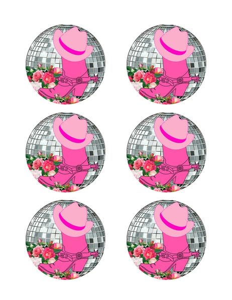 3" Round Pre-Cut Pink Boots & Flowers Disco Ball Edible Images For Your Cupcakes!