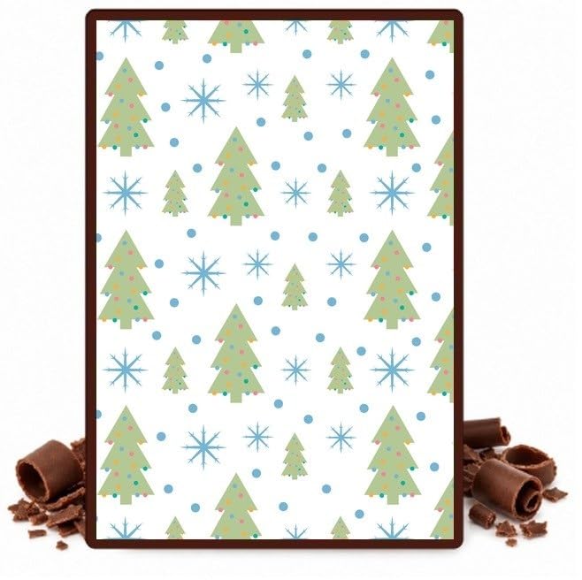 Green Christmas Trees and Stars on White Edible Chocolate Transfer Sheet for Chocolate Covered Strawberries and Bark, 1 Count
