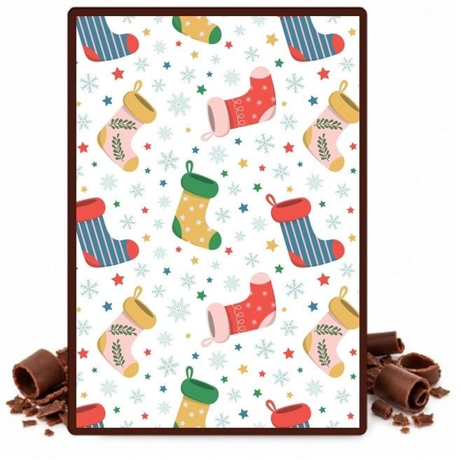 Colorful Christmas Stockings on White Edible Cocoa Butter Transfer Sheet for Chocolate Treats, 1 Count