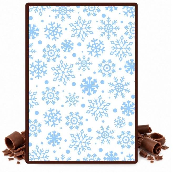 Blue Snowflakes on White Edible Cocoa Butter Transfer Sheet for Chocolate Treats, 1 Count