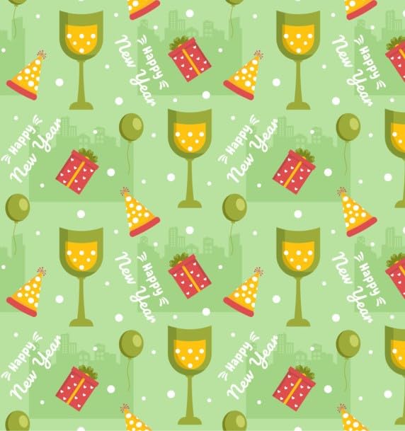Green Happy New Year Celebration Presents, Hats & Balloons Pattern On Edible Image Chocolate Transfer Sheet. Apply To Your Custom Chocolate Treats