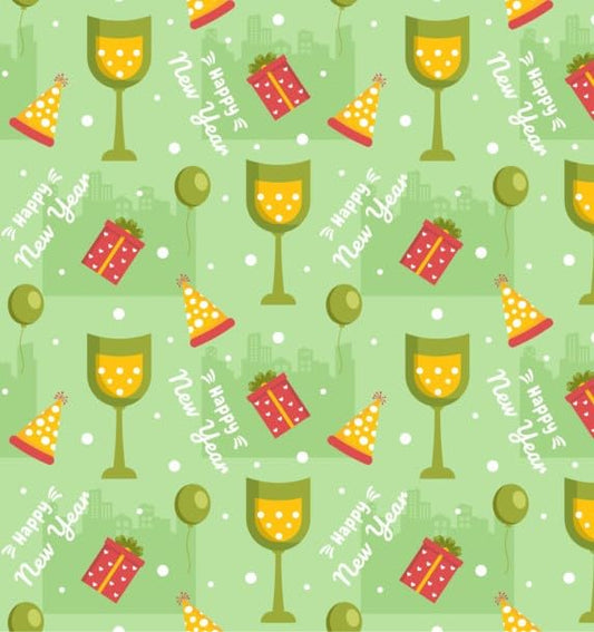 Green Happy New Year Celebration Presents, Hats & Balloons Pattern On Edible Image Chocolate Transfer Sheet. Apply To Your Custom Chocolate Treats