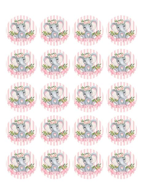 1.875" Pre-Cut Round Pink & White Stripe Elephant Edible Images!