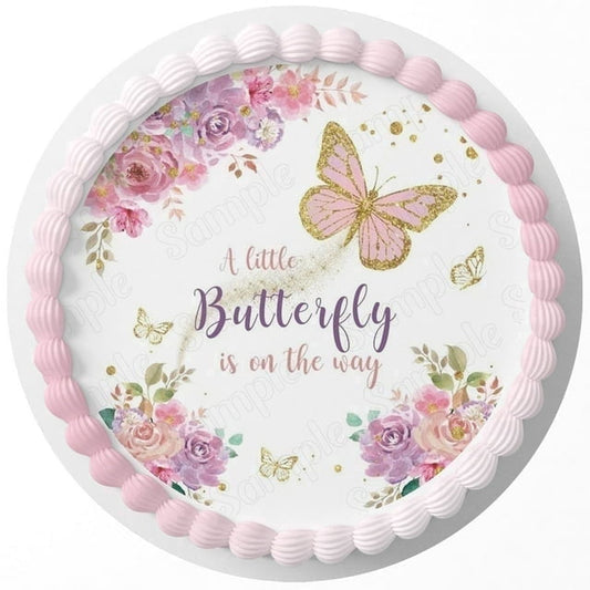 A Little Butterfly is on the Way Pink with Flowers Edible Icing Image Cake topper, by Tnct.