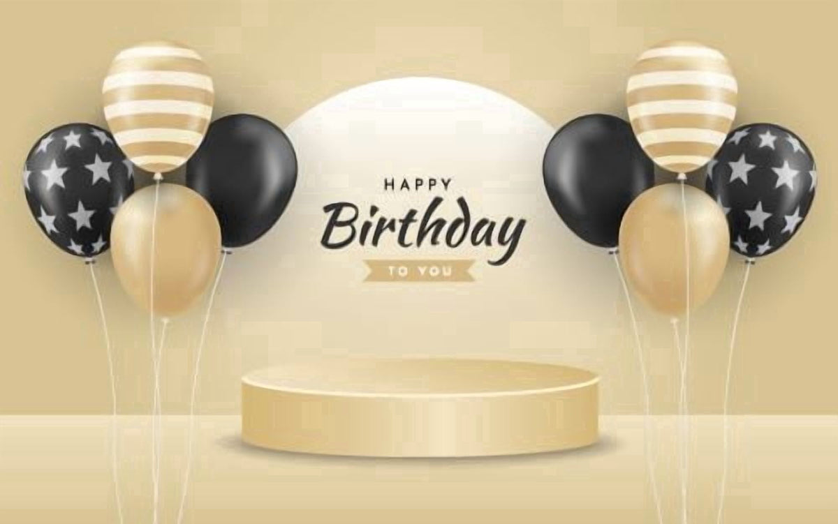 Black, White & Gold Happy Birthday to you Design with Balloons & Confetti Edible Icing Image Cake topper, by Tnct.