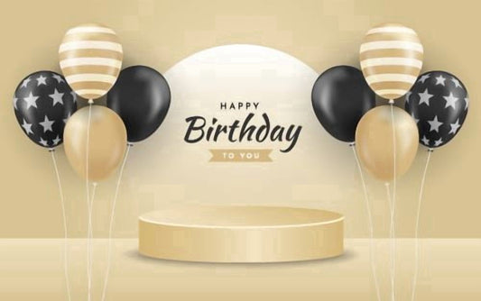 Black, White & Gold Happy Birthday to you Design with Balloons & Confetti Edible Icing Image Cake topper, by Tnct.
