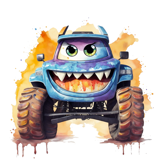 Blue Cartoon Lifted Monster Truck in the Mud, Smiling with Green Eyes Birthday Theme Edible Icing Image Cake topper, by Tnct.